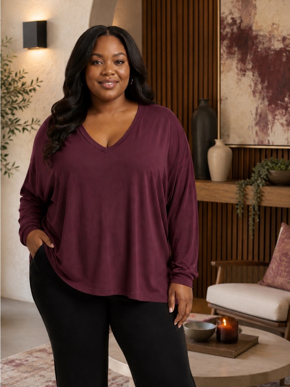 We The Free Long Sleeve V-Neck Top - Burgundy Plum